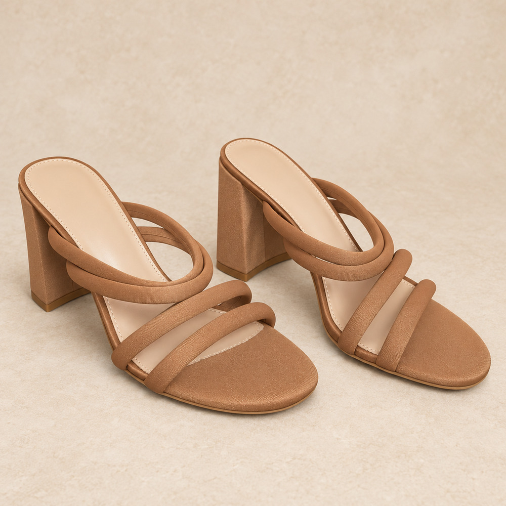 PiePieBuy Womens 8 Tan Strappy Square Open Toe Block Heel Mule Sandals